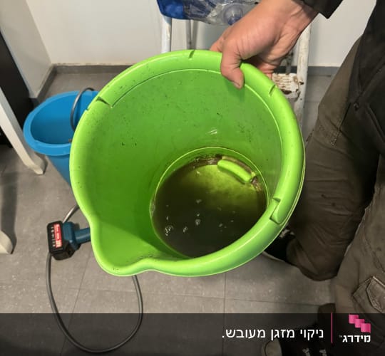 אדם מחזיק דלי ירוק עם מים מלוכלכים